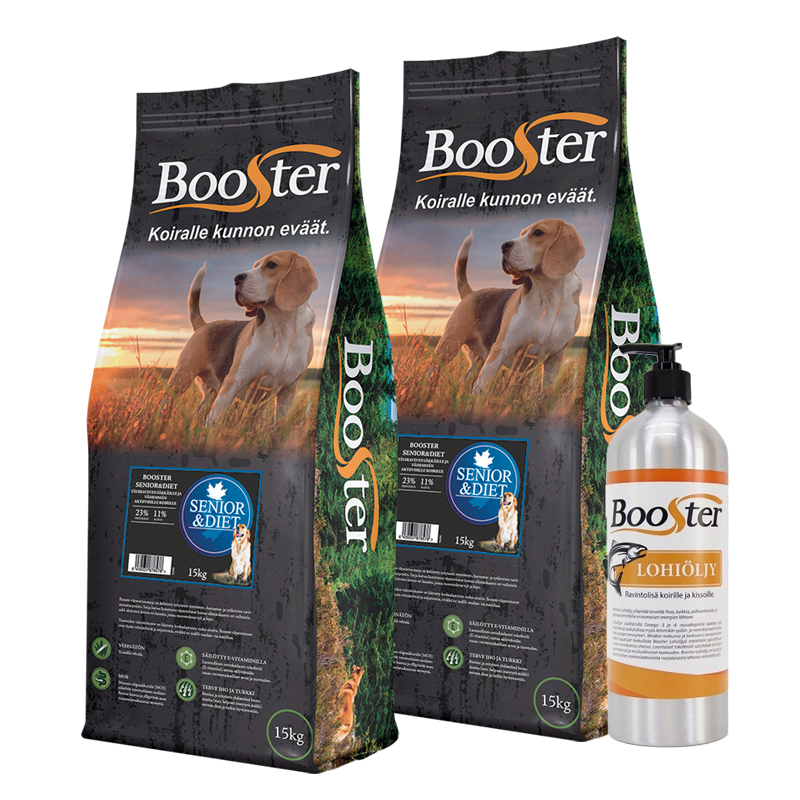 Booster Senior & Diet 2 x 15 kg + Booster Lohiöljy, 950 ML