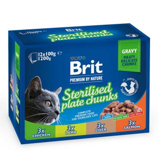 Brit Premium, Paloja kastikkeessa steriloidulle kissalle, Liha-kala, 12 x 100g