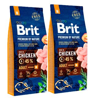2 x 15 kg Brit Premium by Nature Adult M, 10-25 kg aikuiset