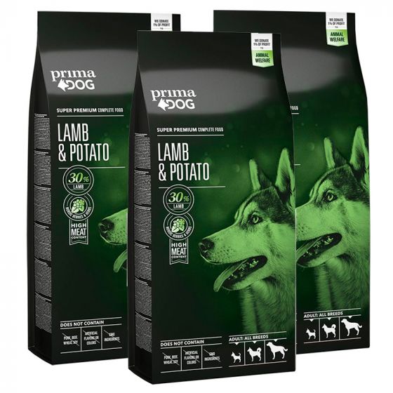 PrimaDog Adult All Breeds Lammas-peruna 3 x 10 kg TRIPLATARJOUS