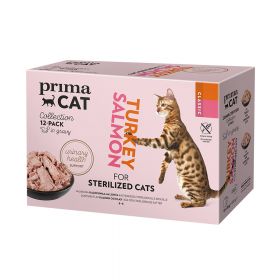 PrimaCat Classic Kastikelajitelma -kissanruoka steriloiduille kissoille, Kalkkuna / Lohi, 12 x 85g