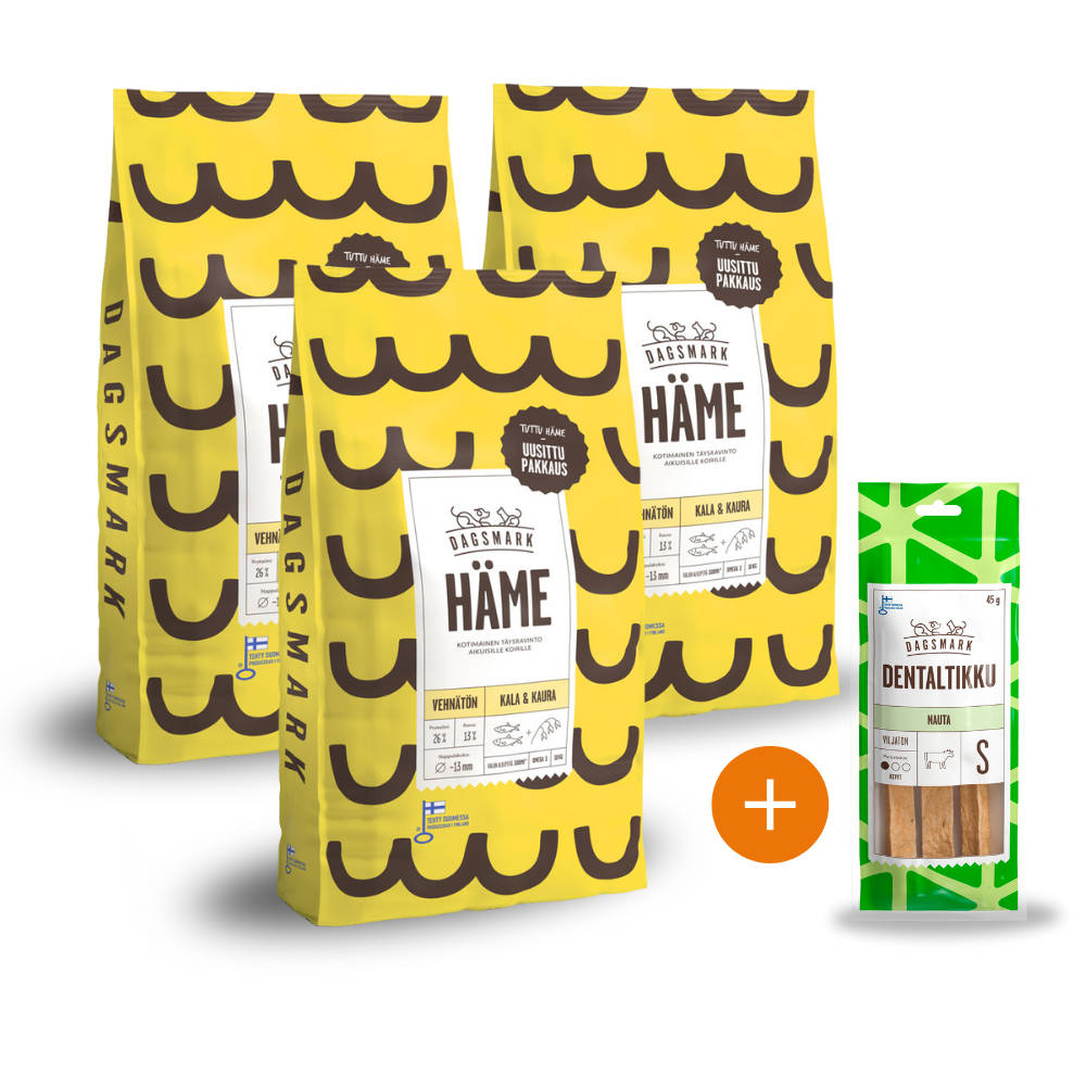 3 x 10 kg Dagsmark HÄME + kaupanpäälle Dagsmark DENTALTIKKU, nauta S 45 g