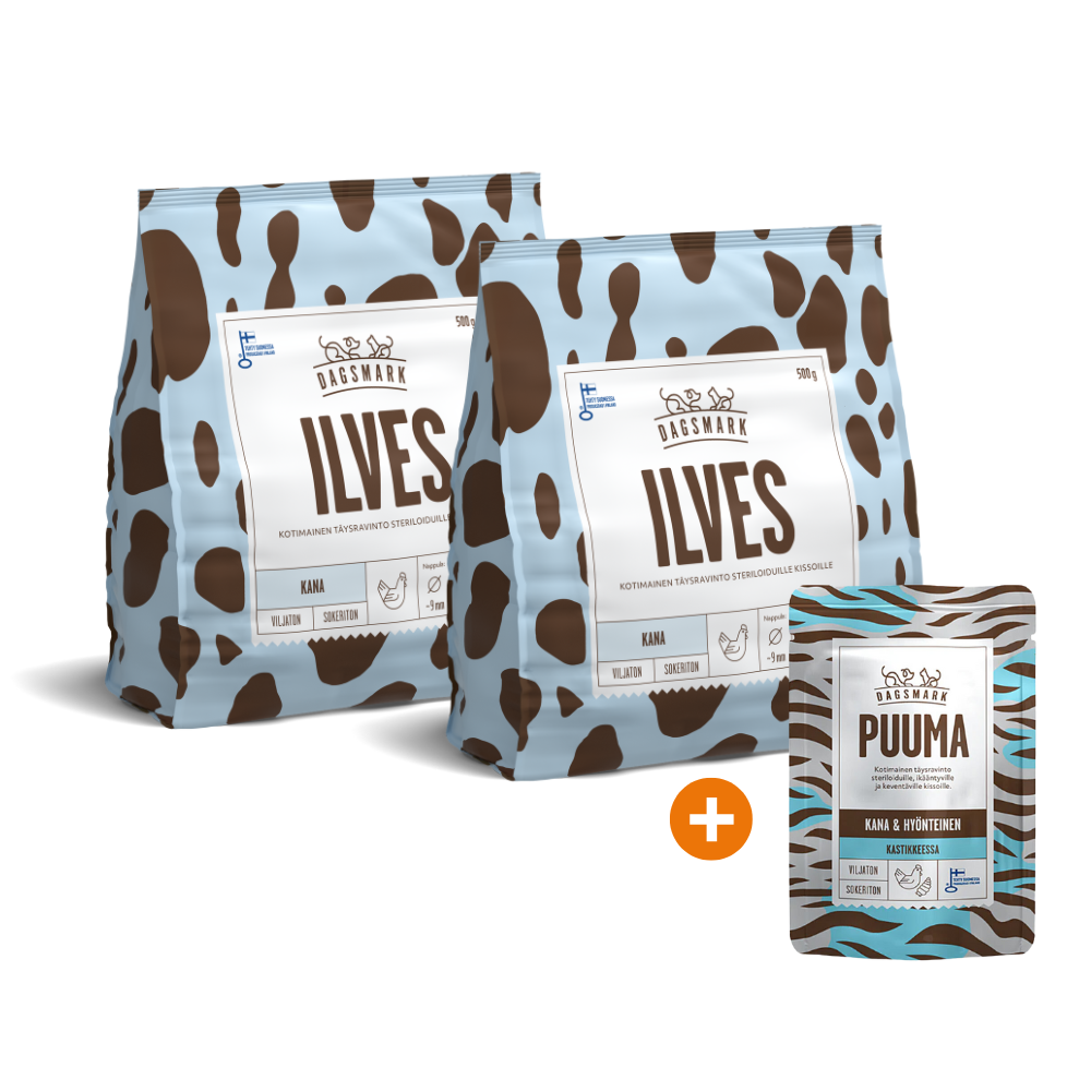Dagsmark ILVES viljaton kana steriloiduille 2 x 500 g + KAUPAN PÄÄLLE Dagsmark PUUMA 80g