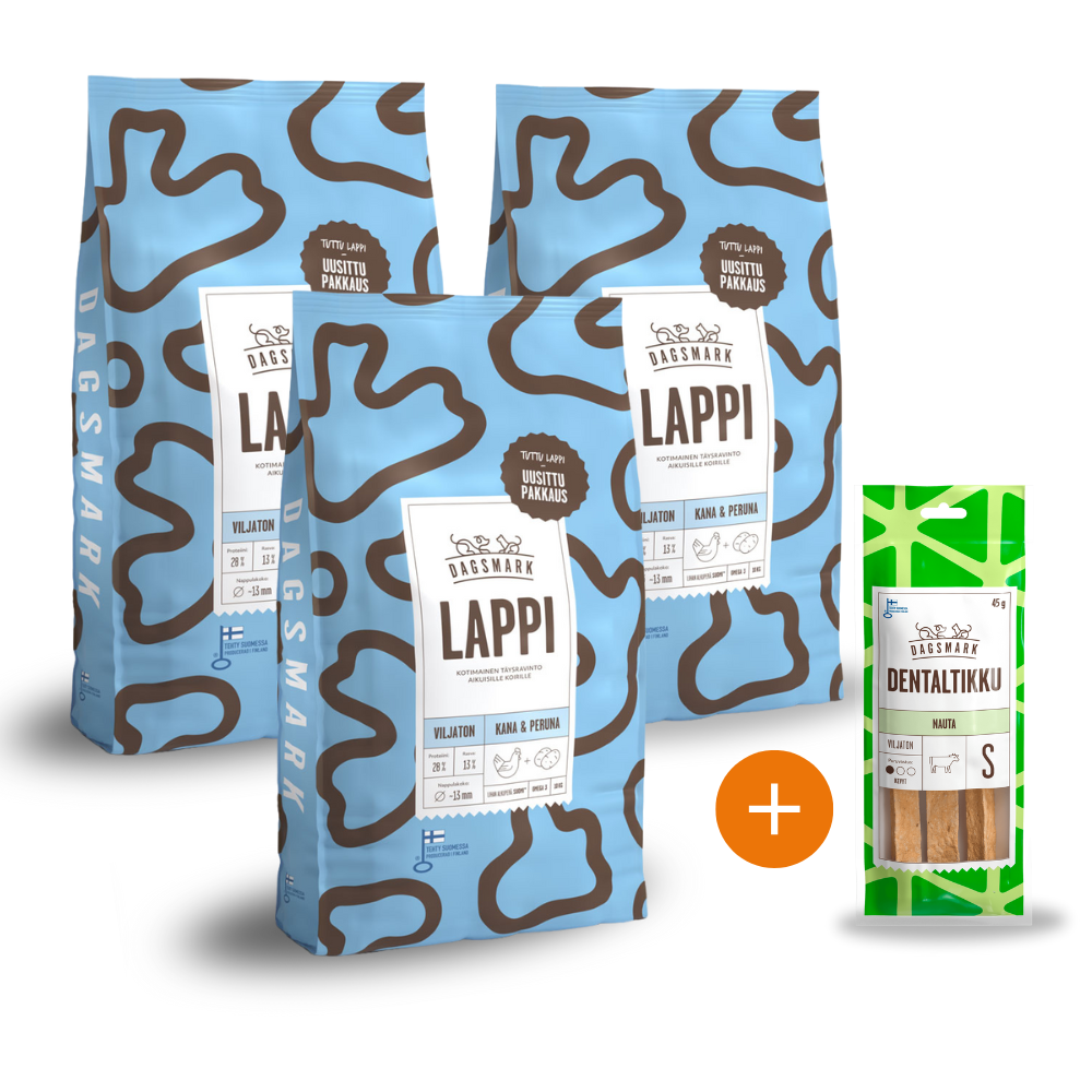 3 x 10 kg Dagsmark LAPPI + kaupanpäälle Dagsmark DENTALTIKKU, nauta S 45 g