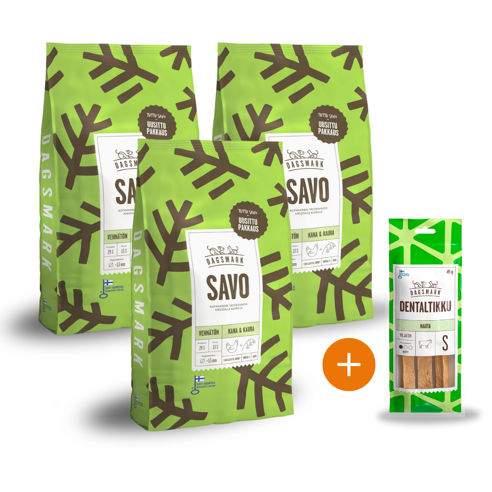 3 x 10 kg Dagsmark SAVO + kaupanpäälle Dagsmark DENTALTIKKU, nauta S 45 g
