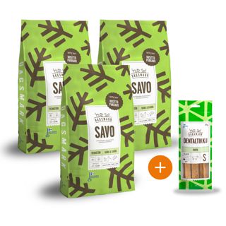 3 x 10 kg Dagsmark SAVO + kaupanpäälle Dagsmark DENTALTIKKU, nauta S 45 g