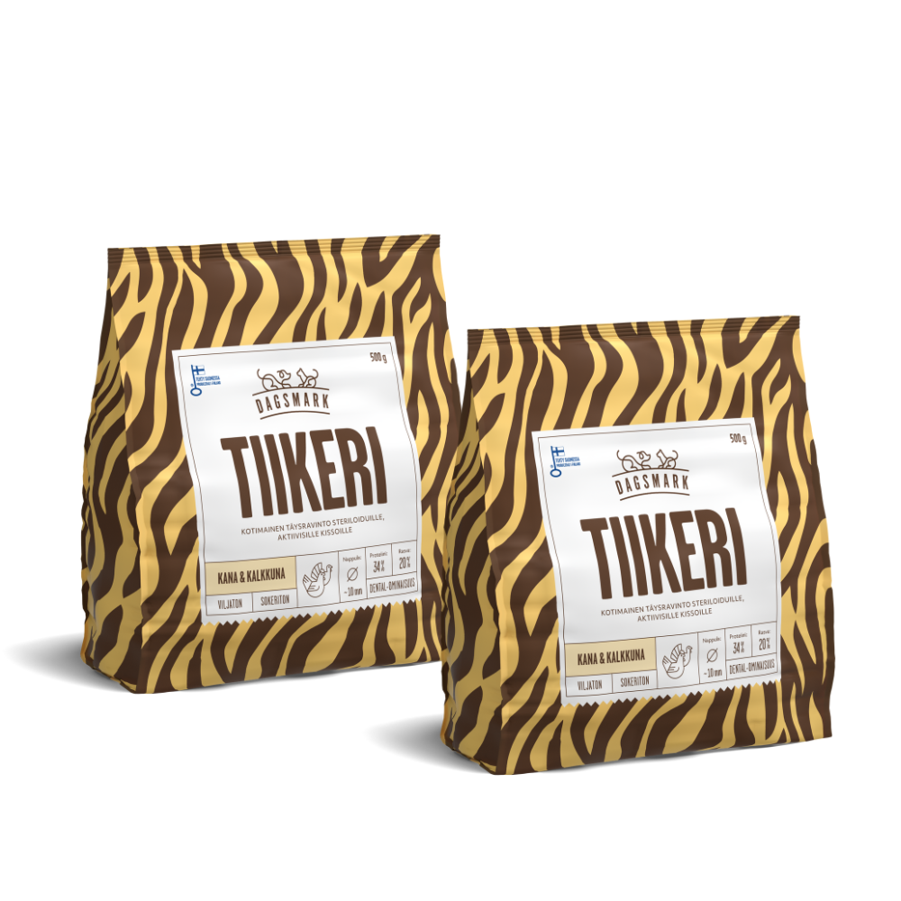 Dagsmark TIIKERI viljaton kana-kalkkuna aktiivisille kissoille 2 x 500 g
