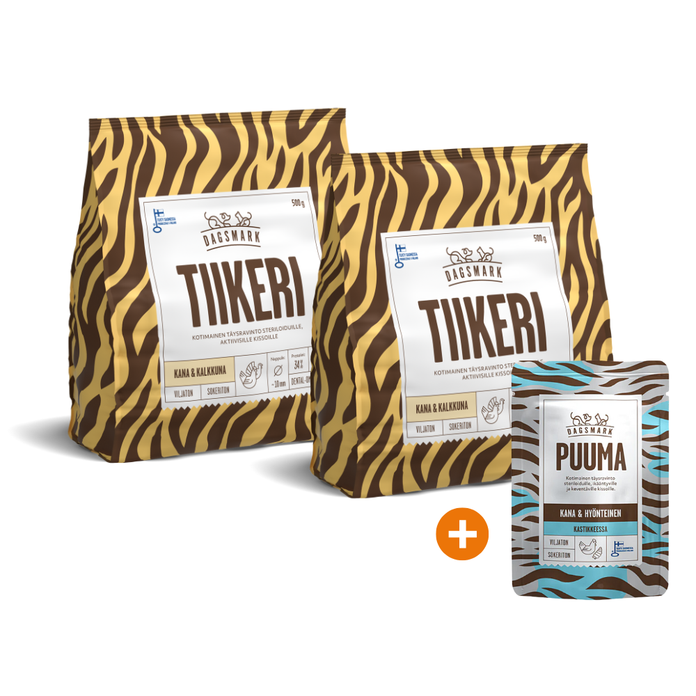 Dagsmark TIIKERI viljaton kana-kalkkuna aktiivisille kissoille 2 x 500 g + KAUPAN PÄÄLLE Dagsmark PUUMA 80g