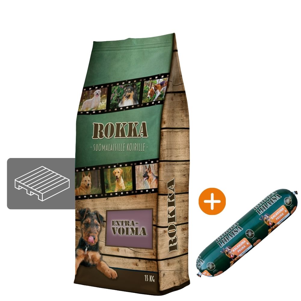 Extravoima Rokka LAVA 24 x 15 kg + Rokka Lihaisa Kalkkuna & Peura 24 x 800 g