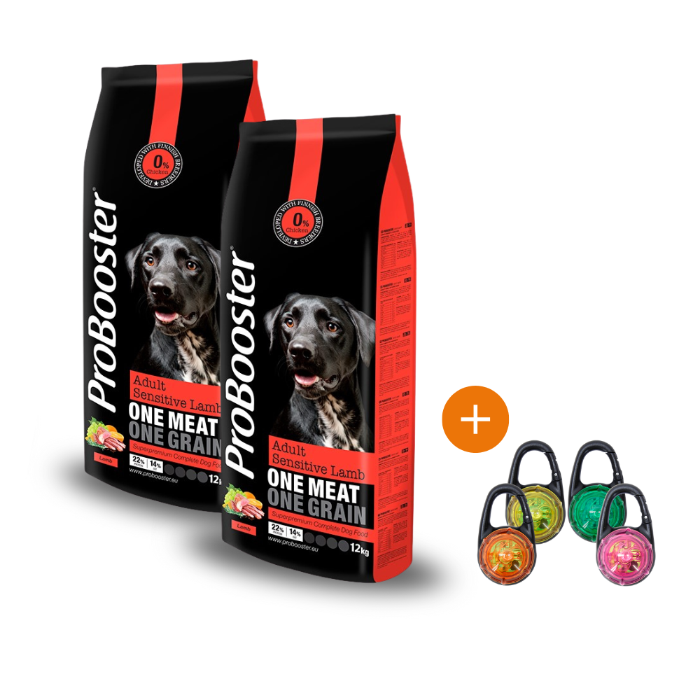 2 x 12 kg ProBooster Adult Sensitive Lamb + KAUPAN PÄÄLLE Boogie See Me Huomiovalo