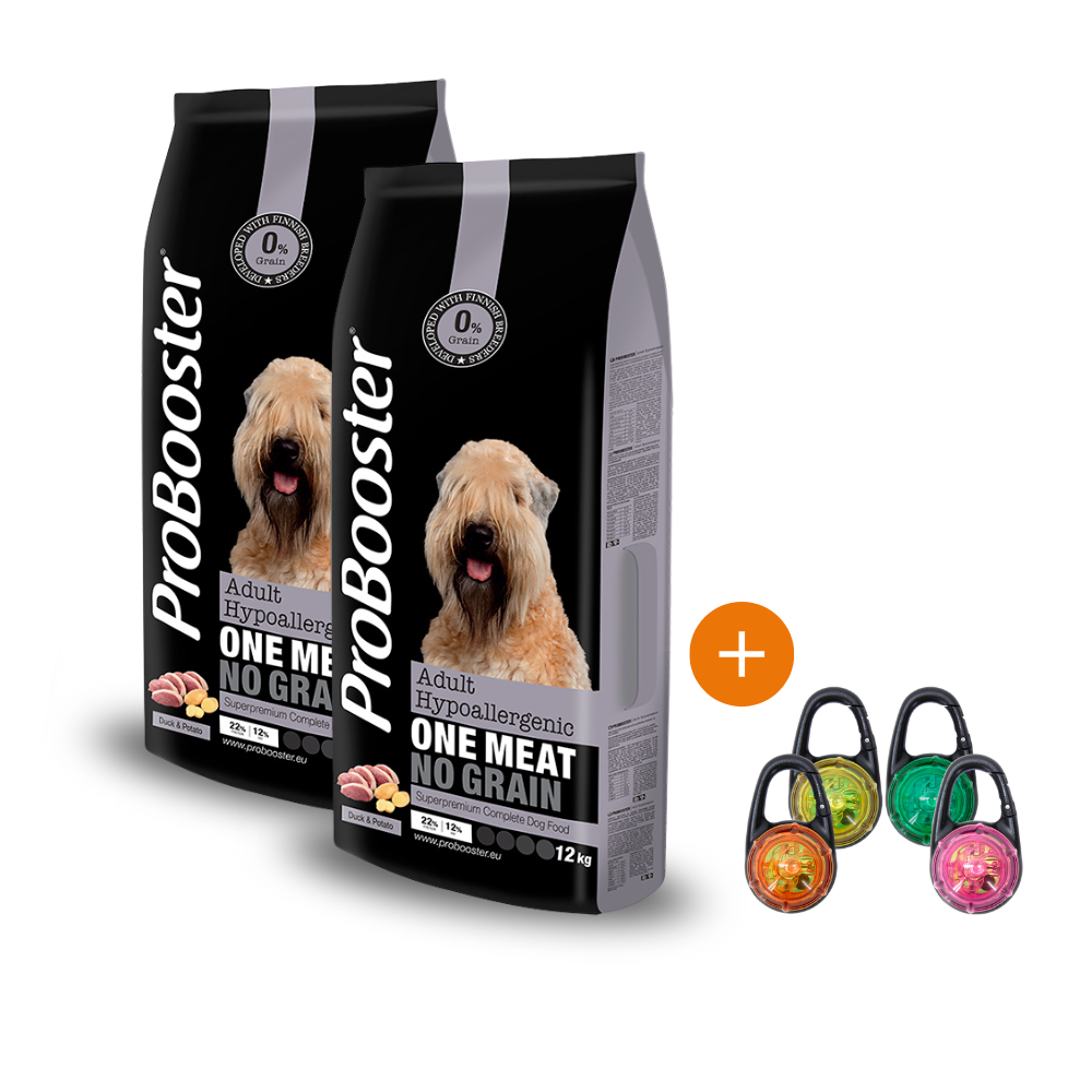 2 x 12 kg ProBooster Adult Hypoallergenic + KAUPAN PÄÄLLE Boogie See Me Huomiovalo