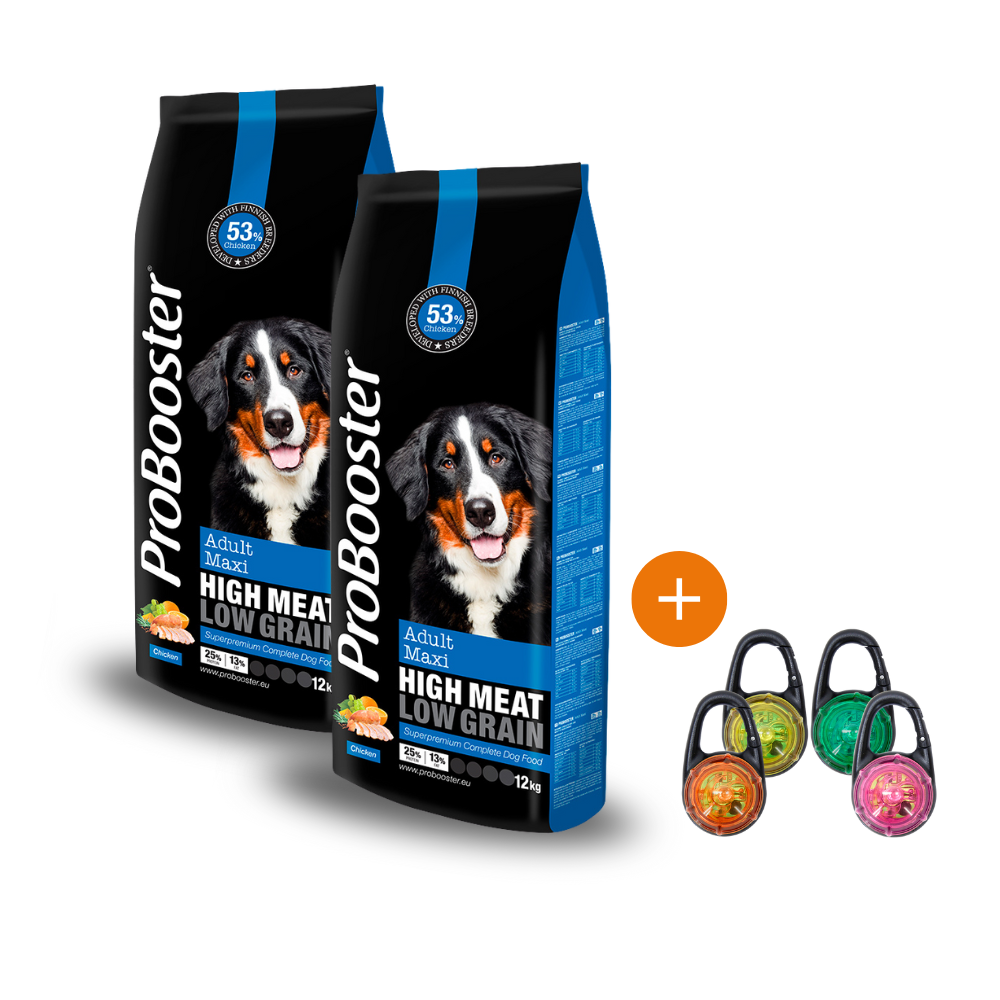 2 x 12 kg ProBooster Adult Maxi + KAUPAN PÄÄLLE Boogie See Me Huomiovalo