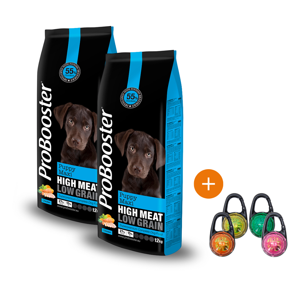2 x 12 kg ProBooster Puppy Maxi + KAUPAN PÄÄLLE Boogie See Me Huomiovalo