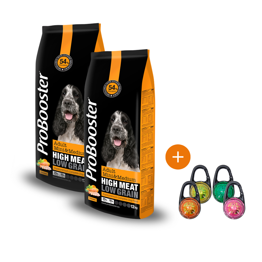 2 x 12 kg ProBooster Adult Mini & Medium + KAUPAN PÄÄLLE Boogie See Me Huomiovalo