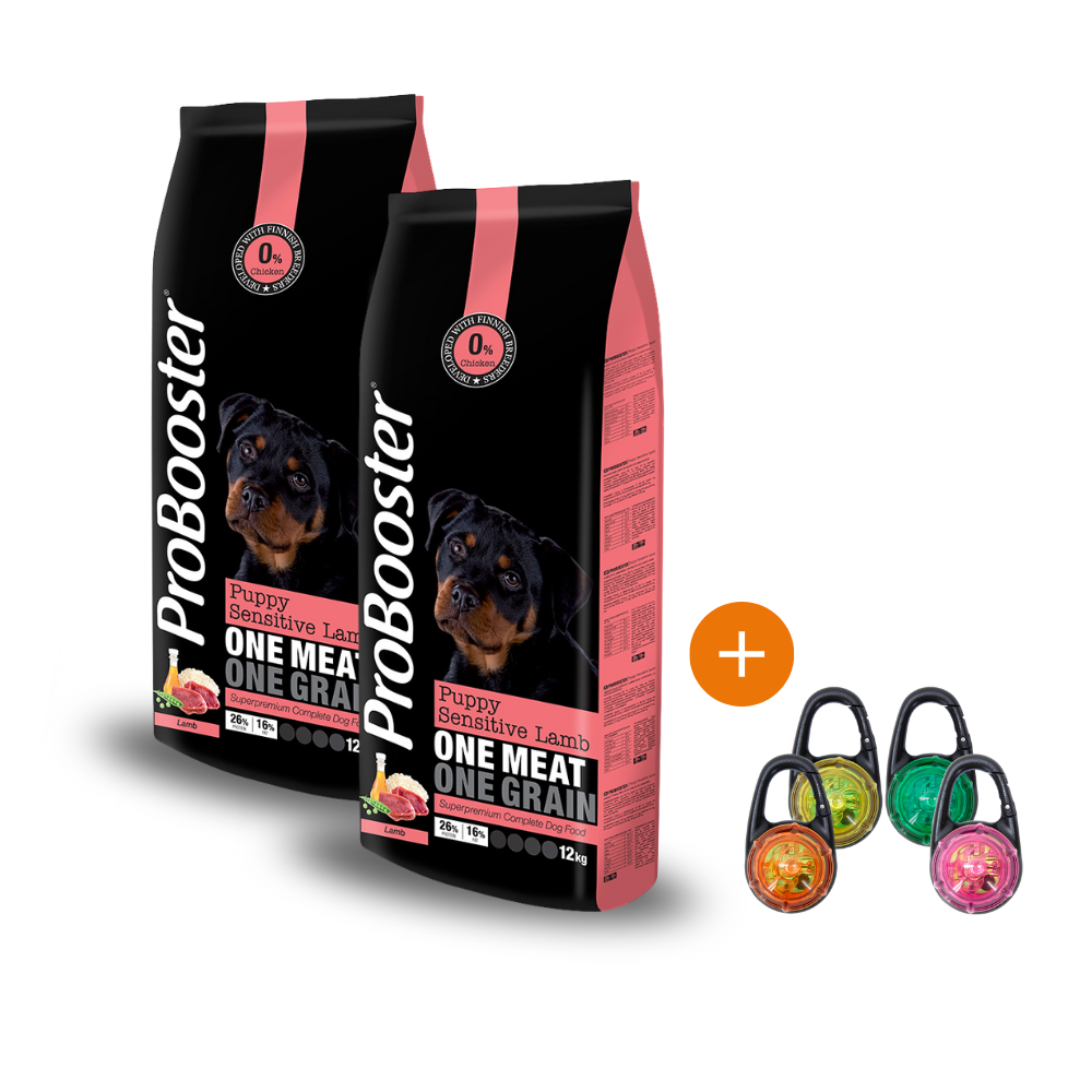 2 x 12 kg ProBooster Puppy Sensitive Lamb + KAUPAN PÄÄLLE Boogie See Me Huomiovalo