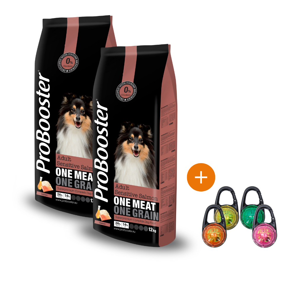 2 x 12 kg ProBooster Adult Sensitive Salmon + KAUPAN PÄÄLLE Boogie See Me Huomiovalo