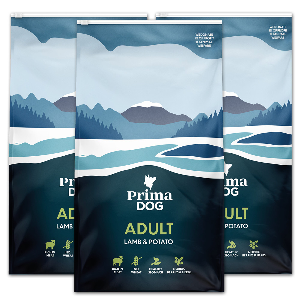 PrimaDog Adult, Lammas & Peruna, 3 x 10 kg