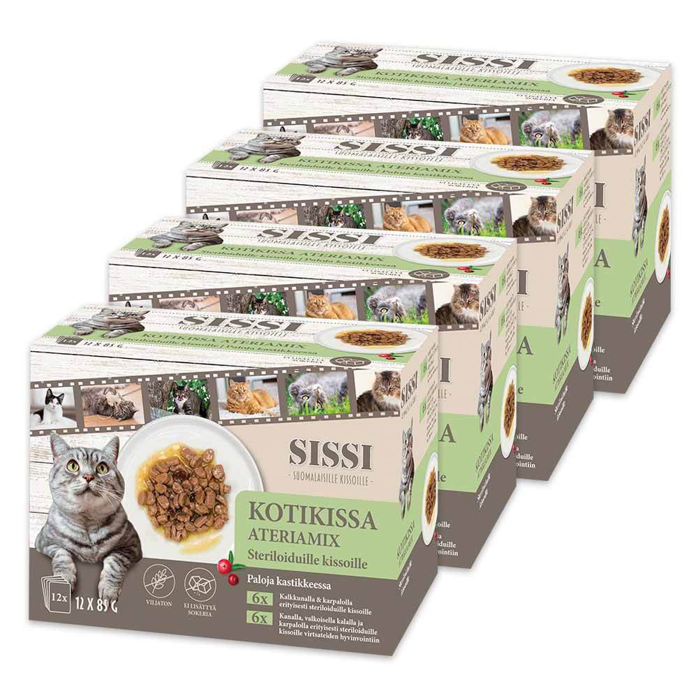 Monipakkaus, 4 x Kotikissa Sissi, Ateriamix Steriloiduille kissoille, paloja kastikkeessa 12 x 85 g
