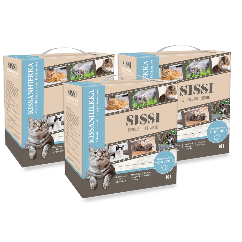 3 x 10l Sissi Kissanhiekka Aktiivihiili, hajustamaton