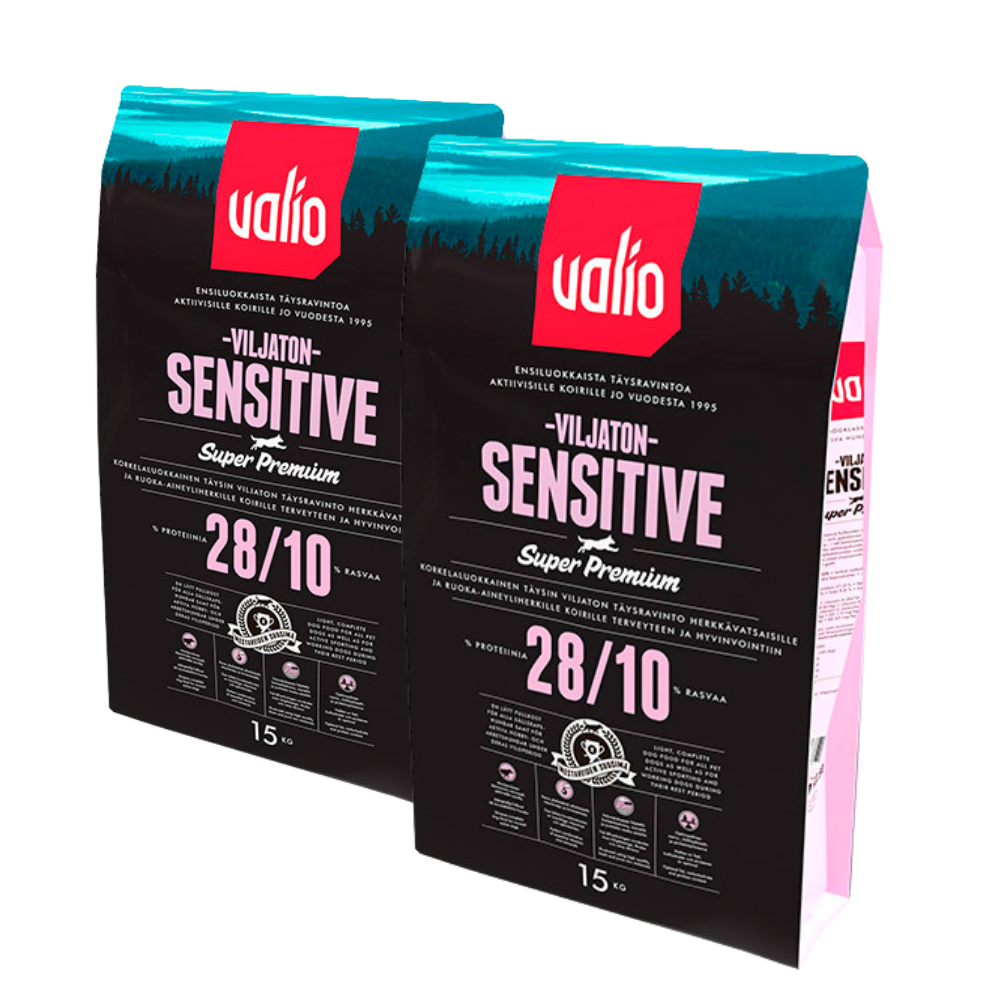 2 x 15 kg Väärä säkki Valio Super Premium Sensitive, viljaton 28/10